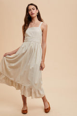 Beige Striped Cotton Sleeveless Dress