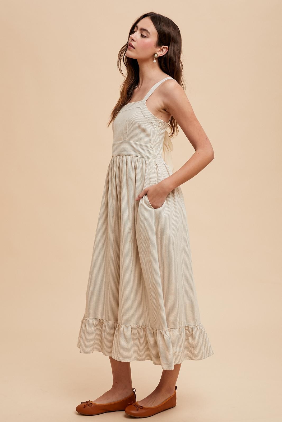 Beige Striped Cotton Sleeveless Dress