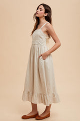 Beige Striped Cotton Sleeveless Dress