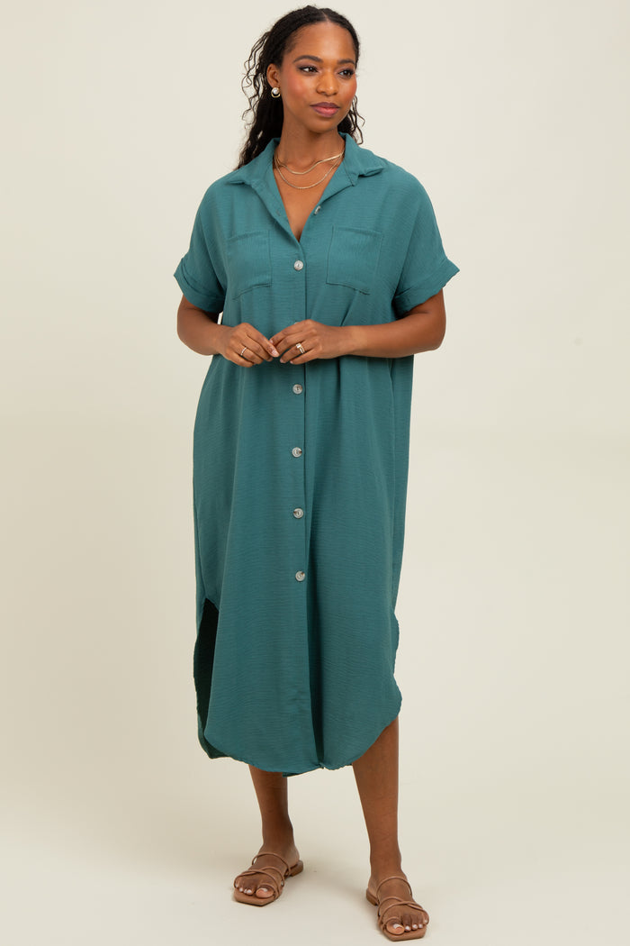 Teal Button Down Hi Low Maternity Maxi Dress