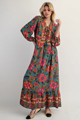 Forest Green Floral Tassel Tie Long Sleeve Maternity Maxi Dress