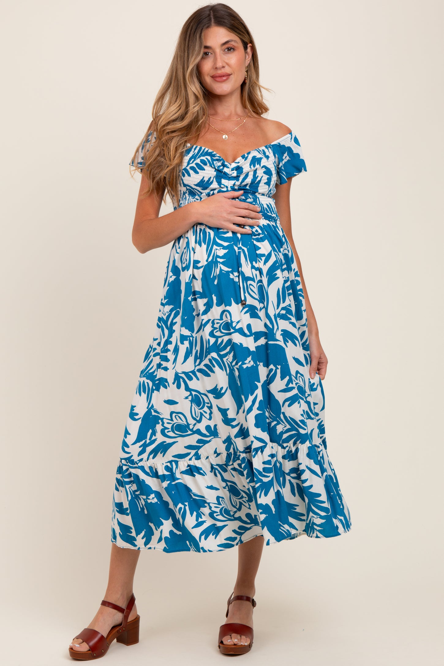 Blue Cream Smocked Top Maternity Midi Dress