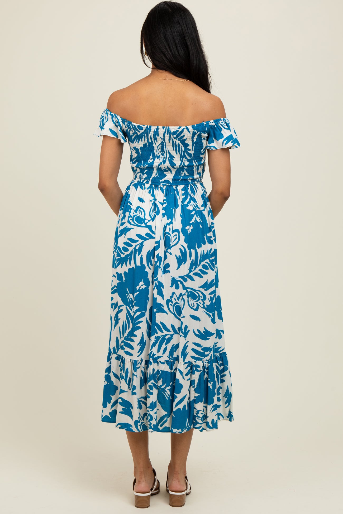 Blue Cream Smocked Top Midi Dress