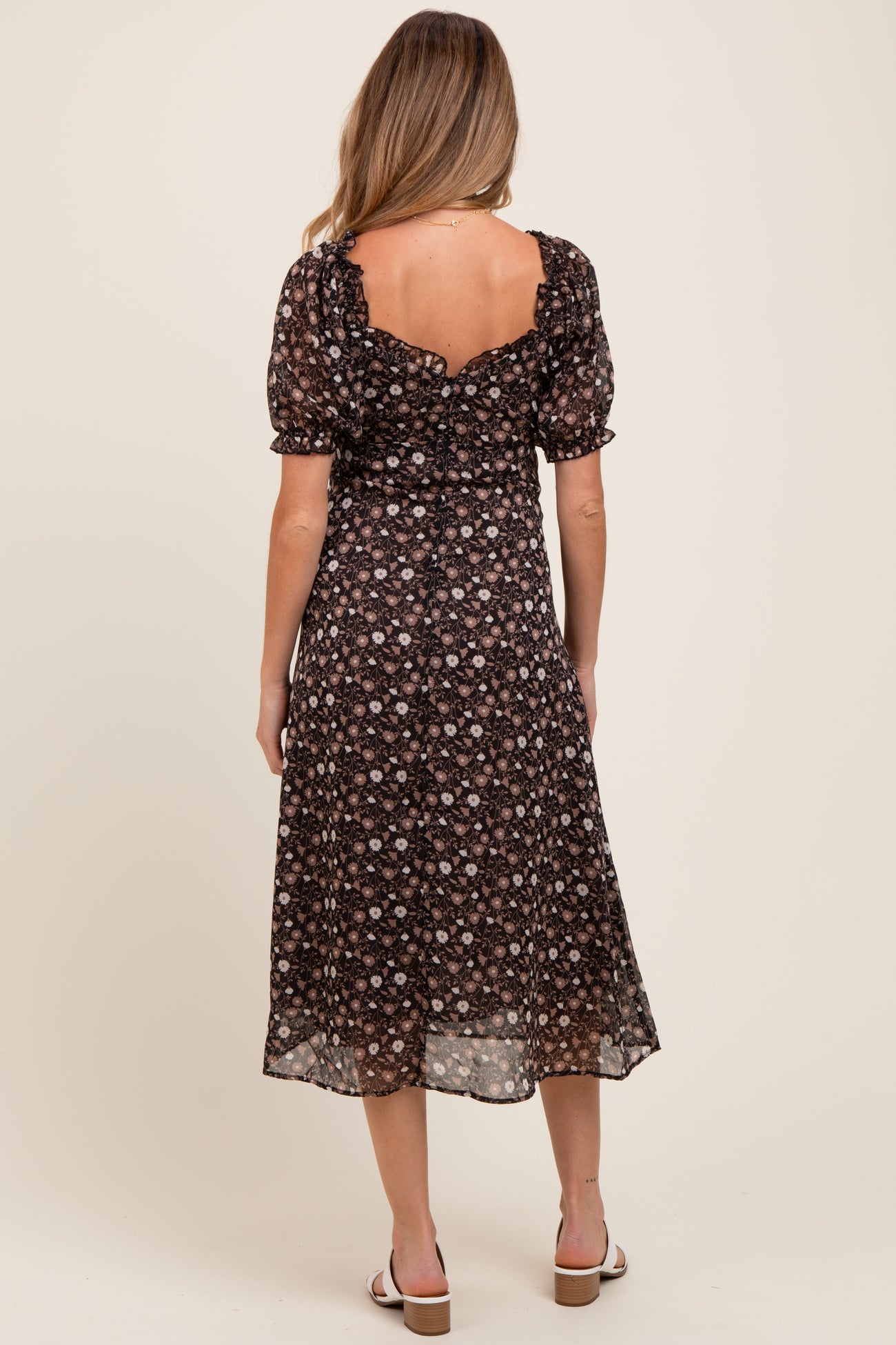 Black Floral Chiffon Sweetheart Puff Sleeve Maternity Midi Dress