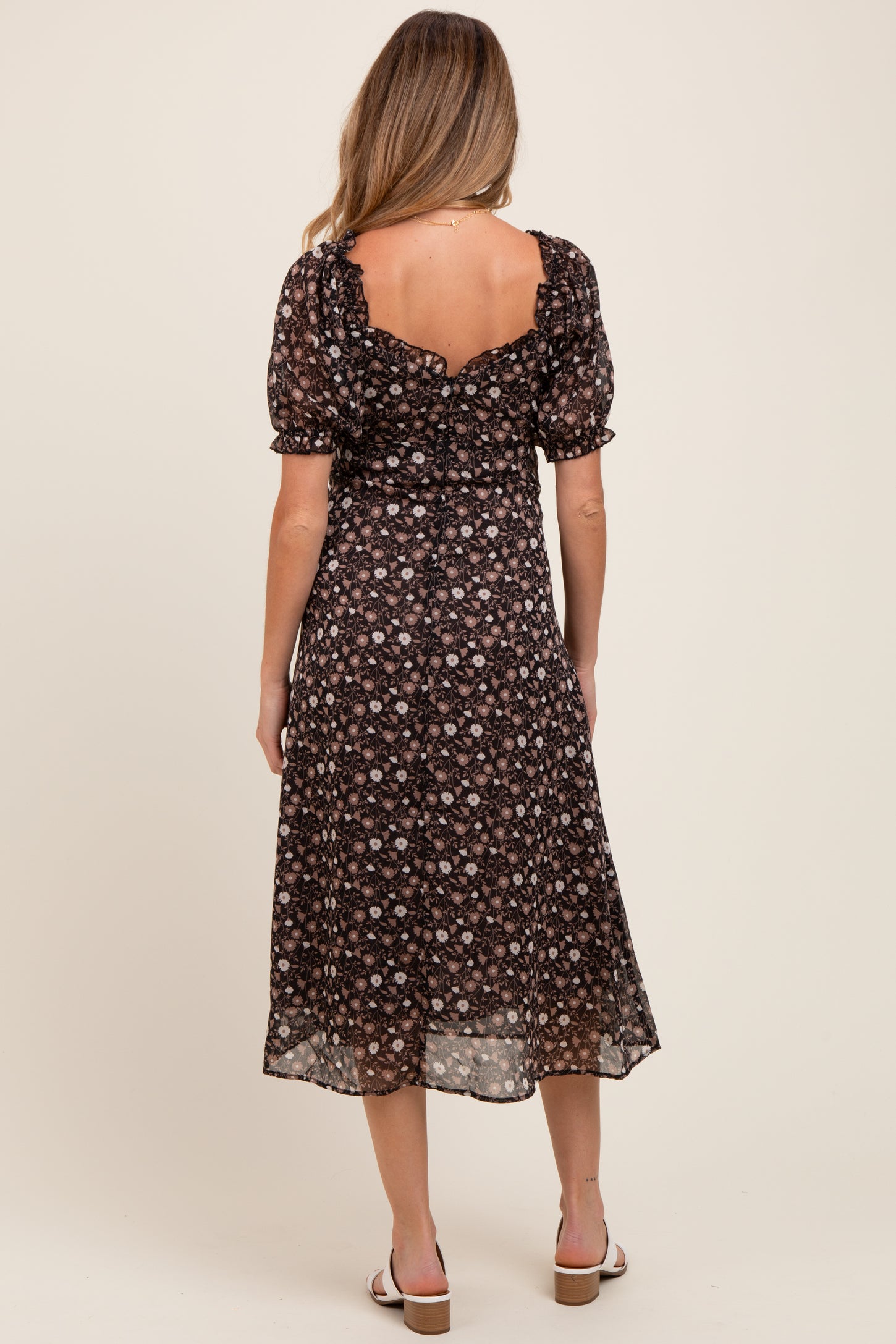 Black Floral Chiffon Sweetheart Puff Sleeve Maternity Midi Dress