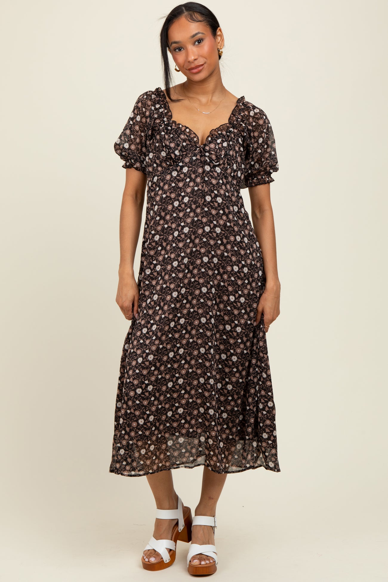 Black Floral Chiffon Sweetheart Puff Sleeve Midi Dress
