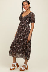 Black Floral Chiffon Sweetheart Puff Sleeve Midi Dress