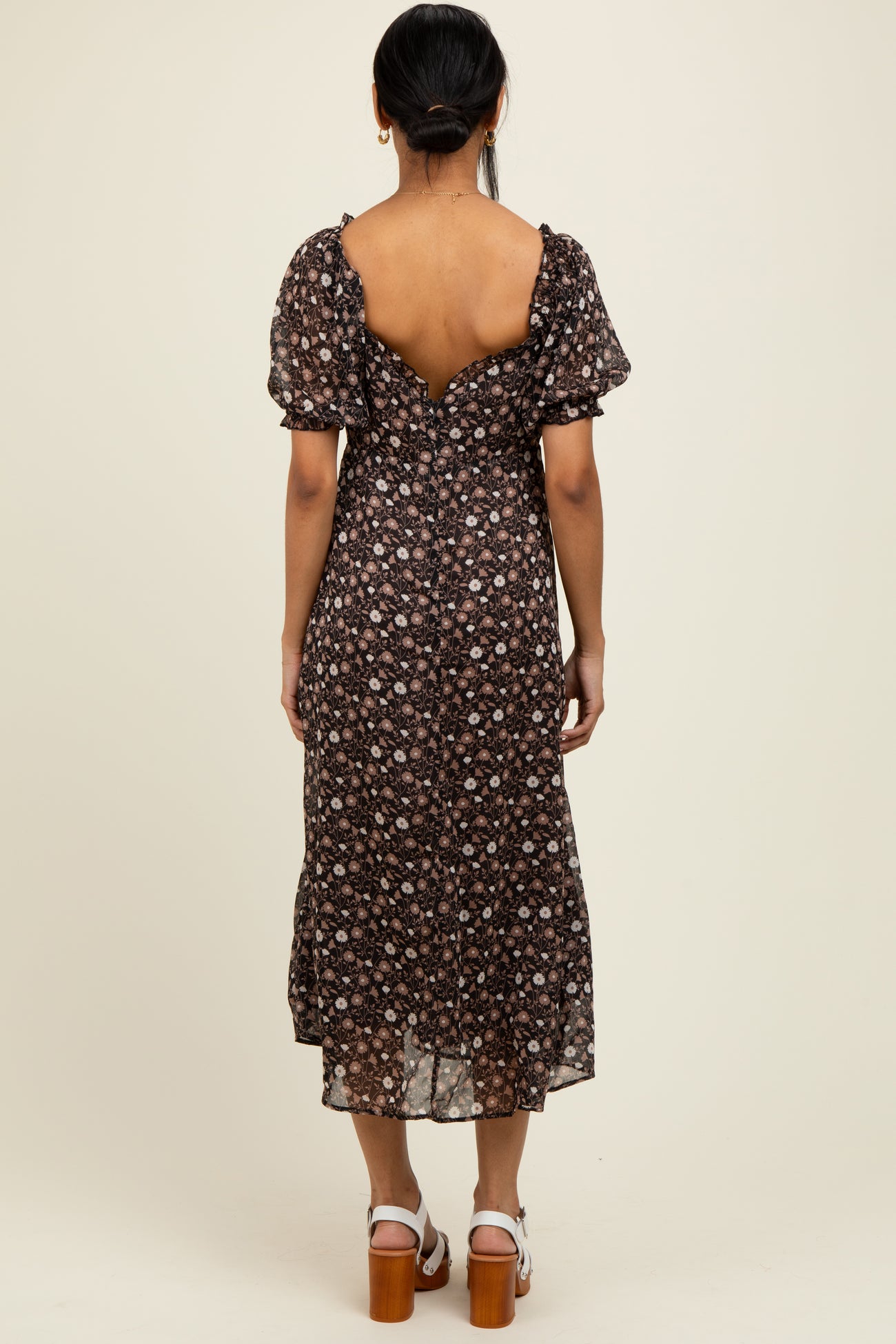 Black Floral Chiffon Sweetheart Puff Sleeve Midi Dress
