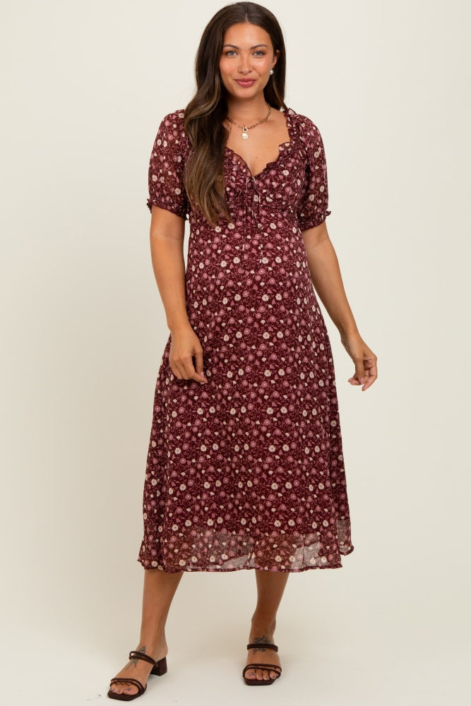 Burgundy Floral Chiffon Sweetheart Puff Sleeve Maternity Midi Dress