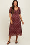 Burgundy Floral Chiffon Sweetheart Puff Sleeve Maternity Midi Dress