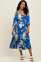 Royal Blue Floral Square Neck 3/4 Sleeve Midi Dress