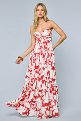 Red Floral Strapless Cutout Back Maxi Dress