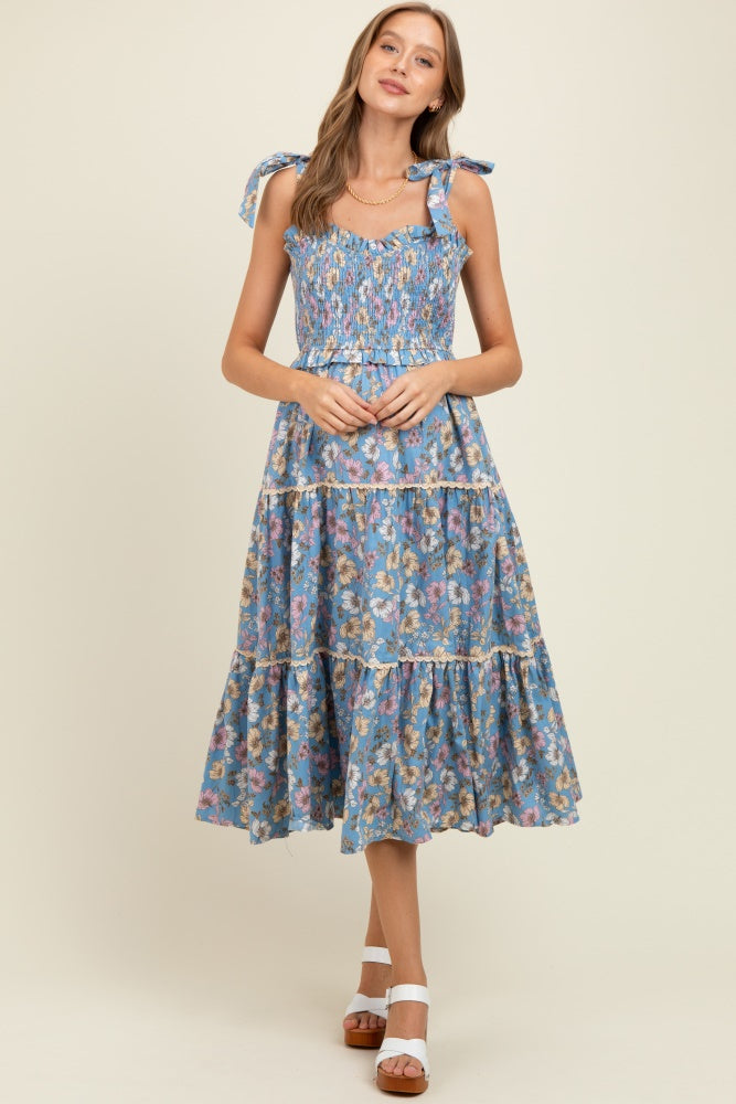 Denim Floral Smocked Ruffled Lace Trim Maternity Midi Dress