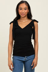 Black Solid Ribbed Sleeveless Tie V-Neck Top