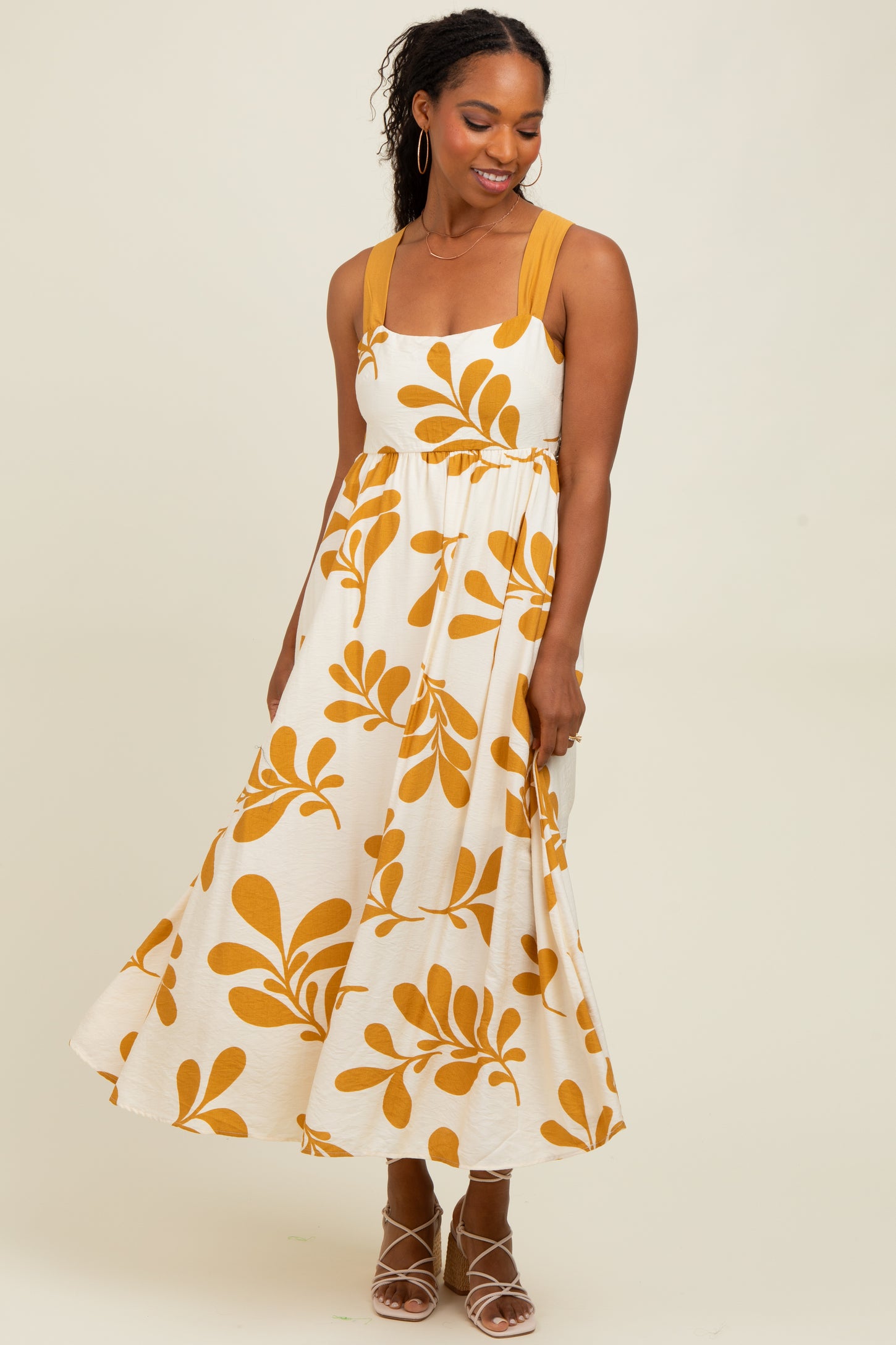 Yellow Leaf Print Tie Back Cutout Maternity Midi Dress