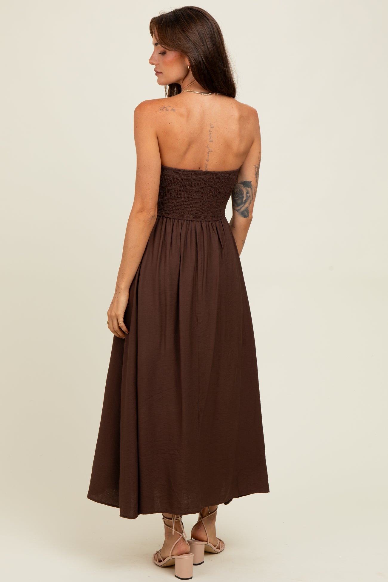 Brown Pleated Bodice Strapless Midi Dress