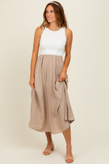 Beige Contrast Knit Top Sleeveless Maternity Midi Dress