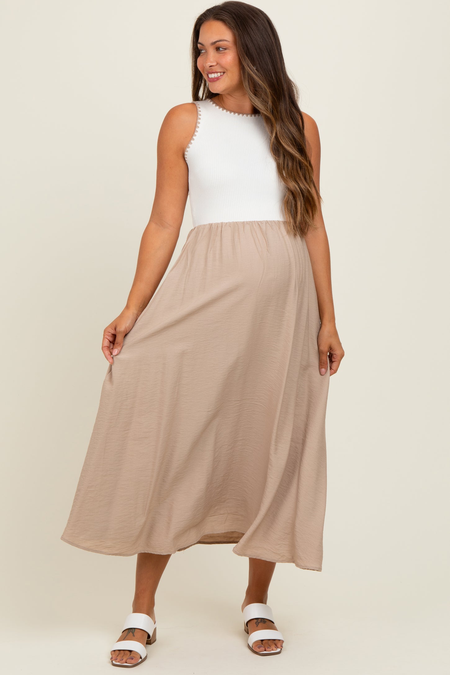 Beige Contrast Knit Top Sleeveless Maternity Midi Dress