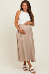 Beige Contrast Knit Top Sleeveless Maternity Midi Dress