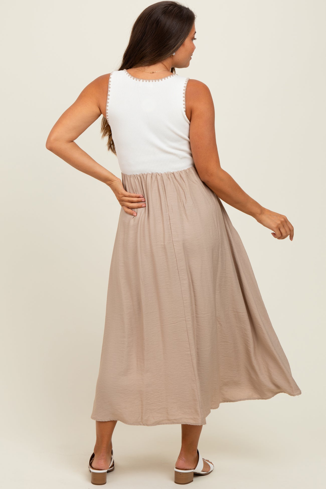 Beige Contrast Knit Top Sleeveless Maternity Midi Dress