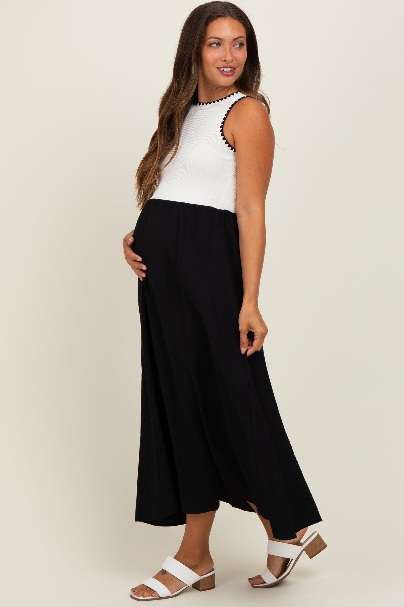 Black Contrast Knit Top Sleeveless Maternity Midi Dress