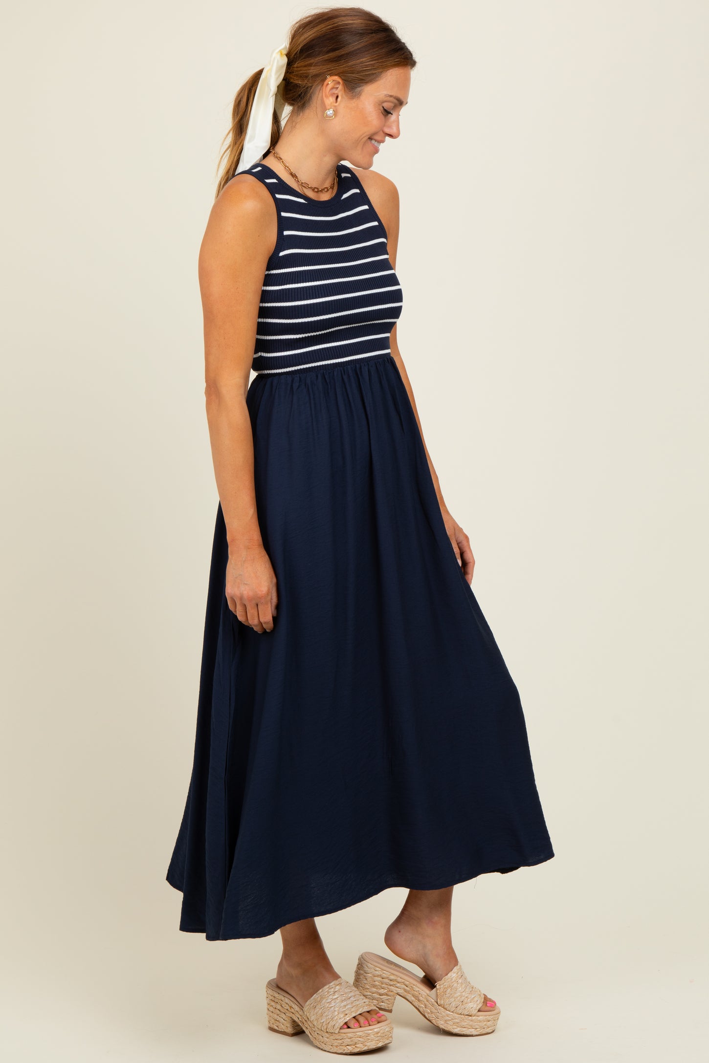 Navy Contrast Striped Knit Sleeveless Midi Dress