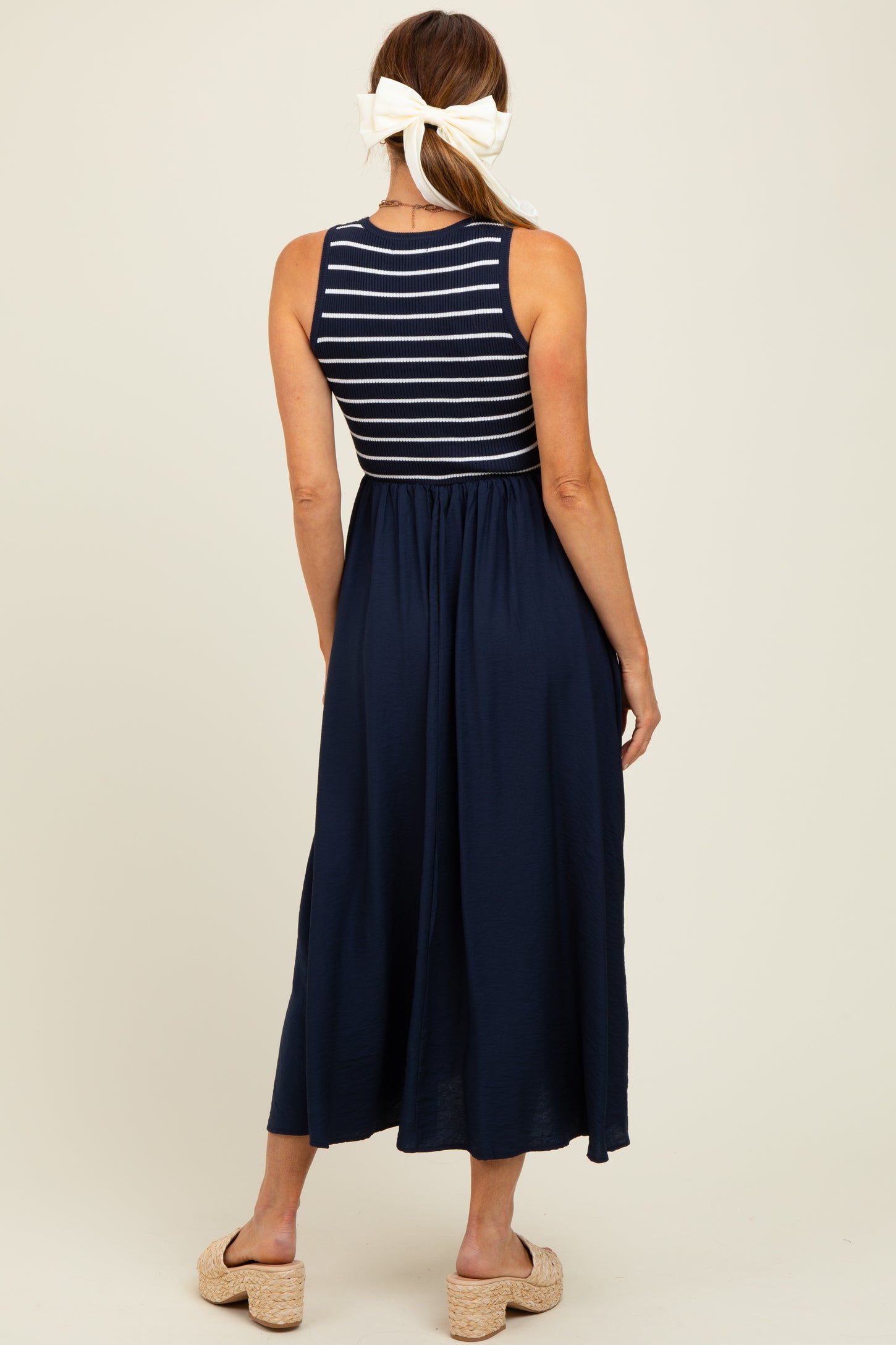 Navy Contrast Striped Knit Sleeveless Midi Dress