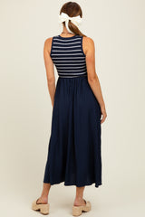 Navy Contrast Striped Knit Sleeveless Midi Dress