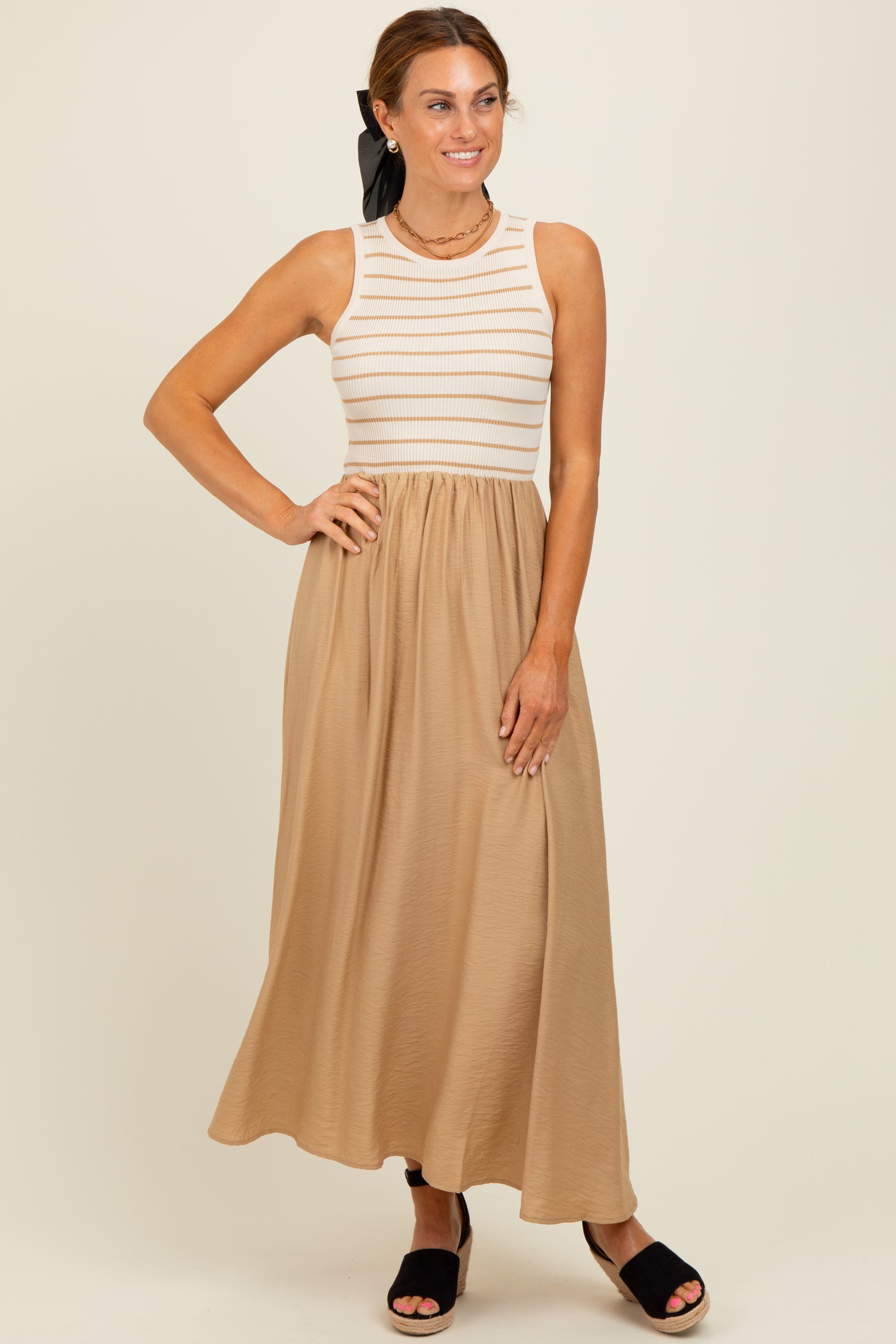 Camel Contrast Striped Knit Sleeveless Maternity Midi Dress