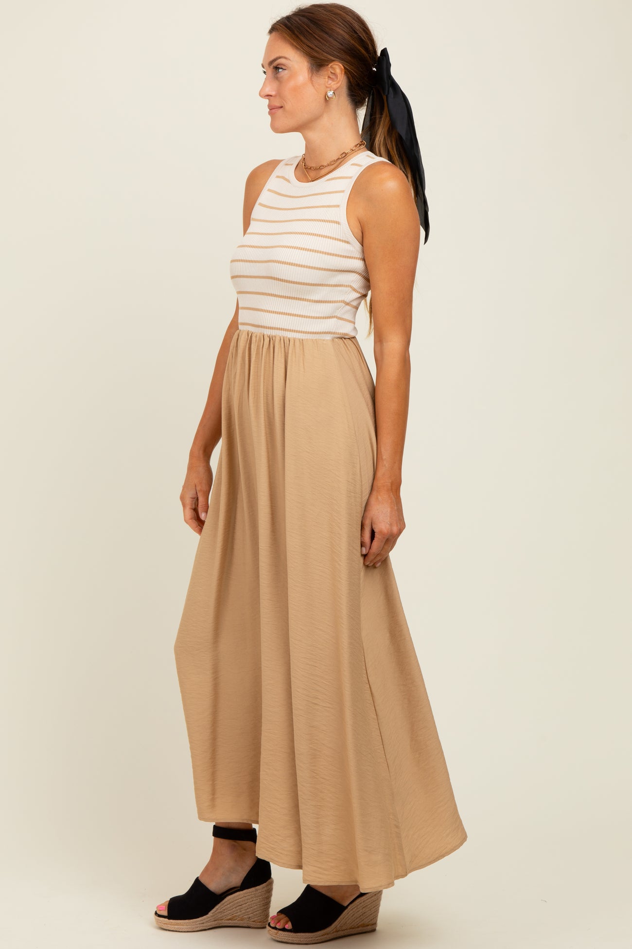 Camel Contrast Striped Knit Sleeveless Midi Dress