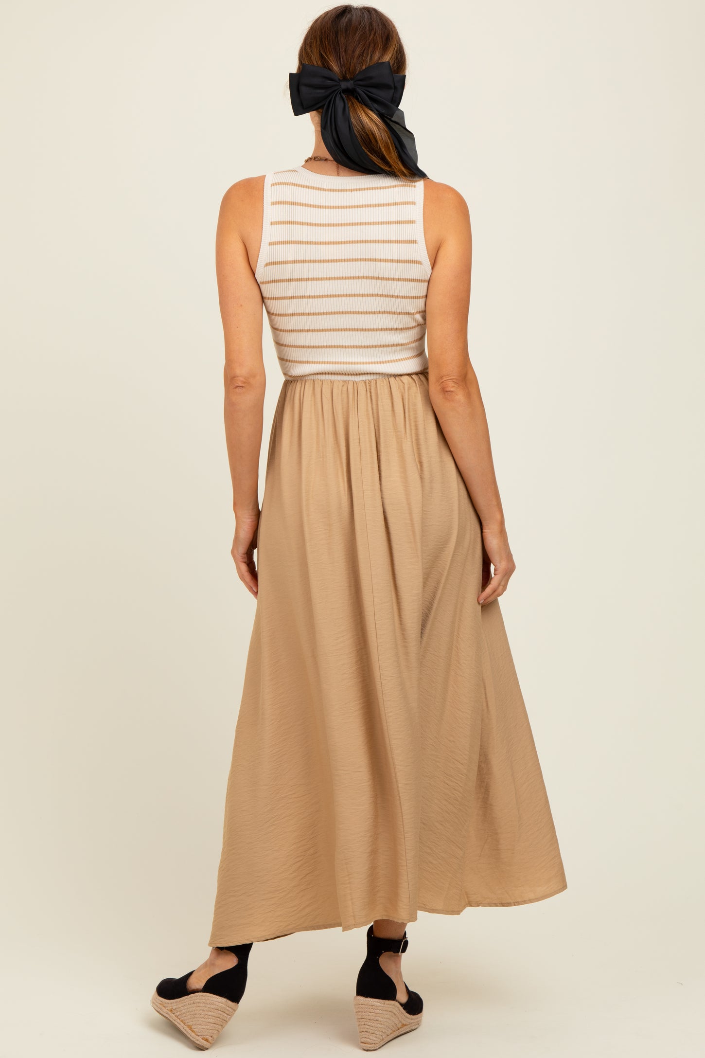 Camel Contrast Striped Knit Sleeveless Midi Dress