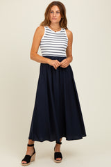 Ivory Contrast Striped Knit Sleeveless Maternity Midi Dress