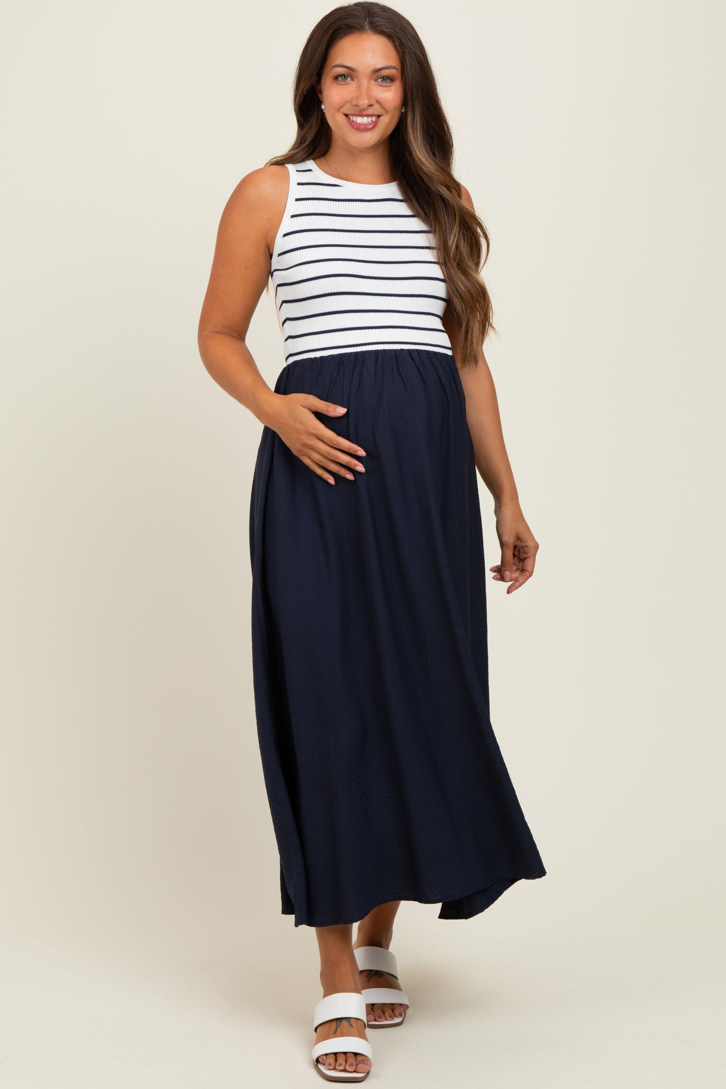 Ivory Contrast Striped Knit Sleeveless Maternity Midi Dress