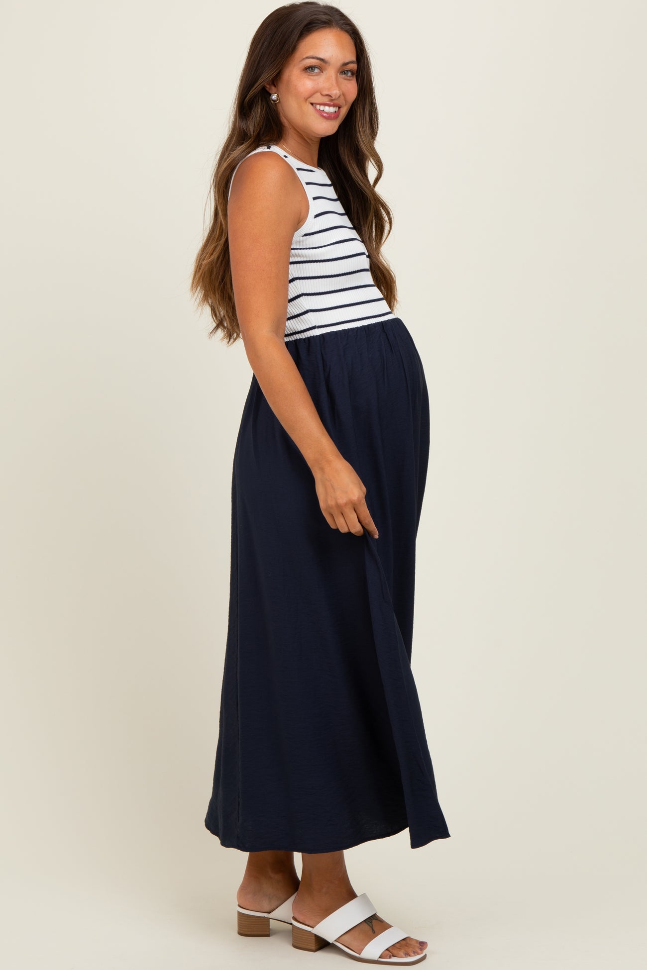 Ivory Contrast Striped Knit Sleeveless Maternity Midi Dress