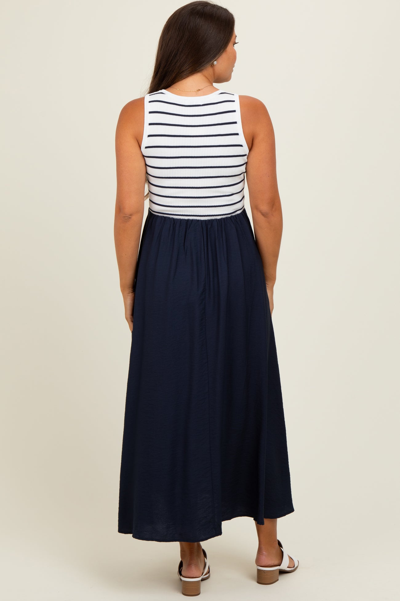 Ivory Contrast Striped Knit Sleeveless Maternity Midi Dress