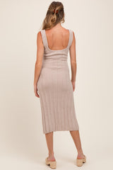 Beige Wide Ribbed Sweater Knit Maternity Midi Dress