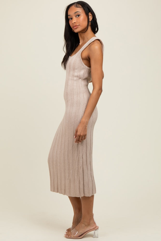 Beige Wide Ribbed Sweater Knit Midi Dress