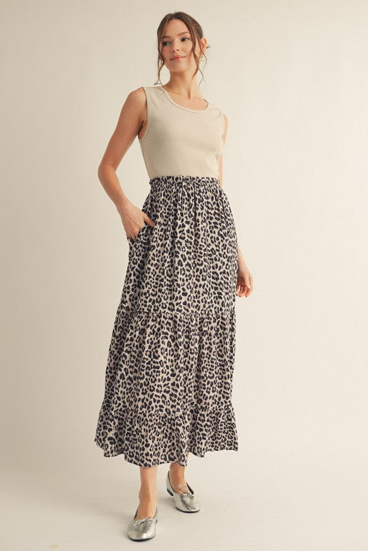 Taupe/Animal Fabric Mixed Maxi Dress