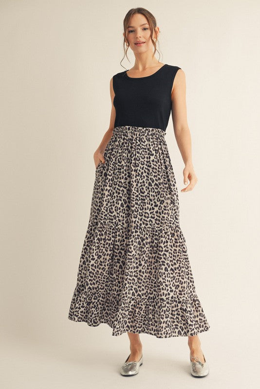 Black/Animal Fabric Mixed Maxi Dress