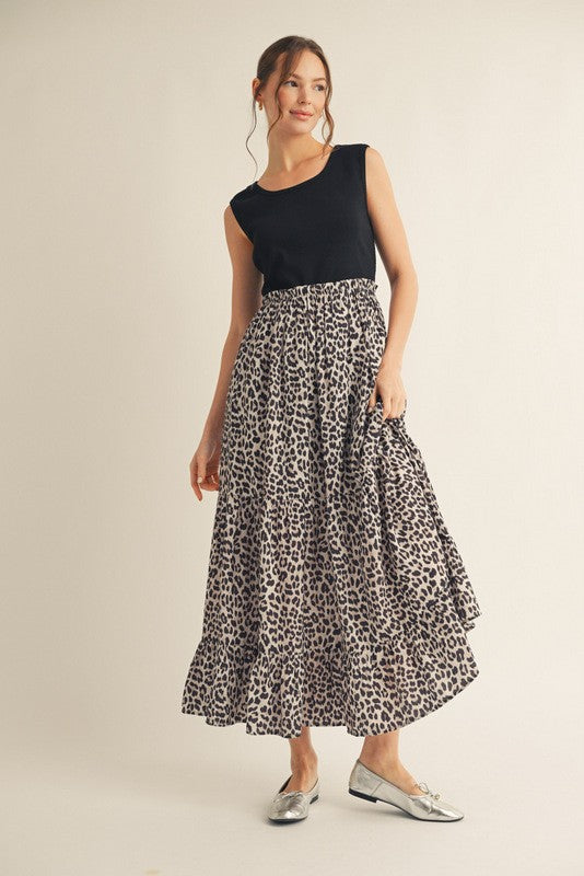 Black/Animal Fabric Mixed Maxi Dress