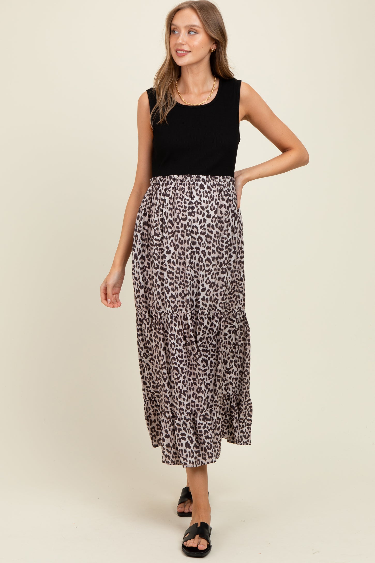 Black/Animal Print Mixed Maternity Maxi Dress