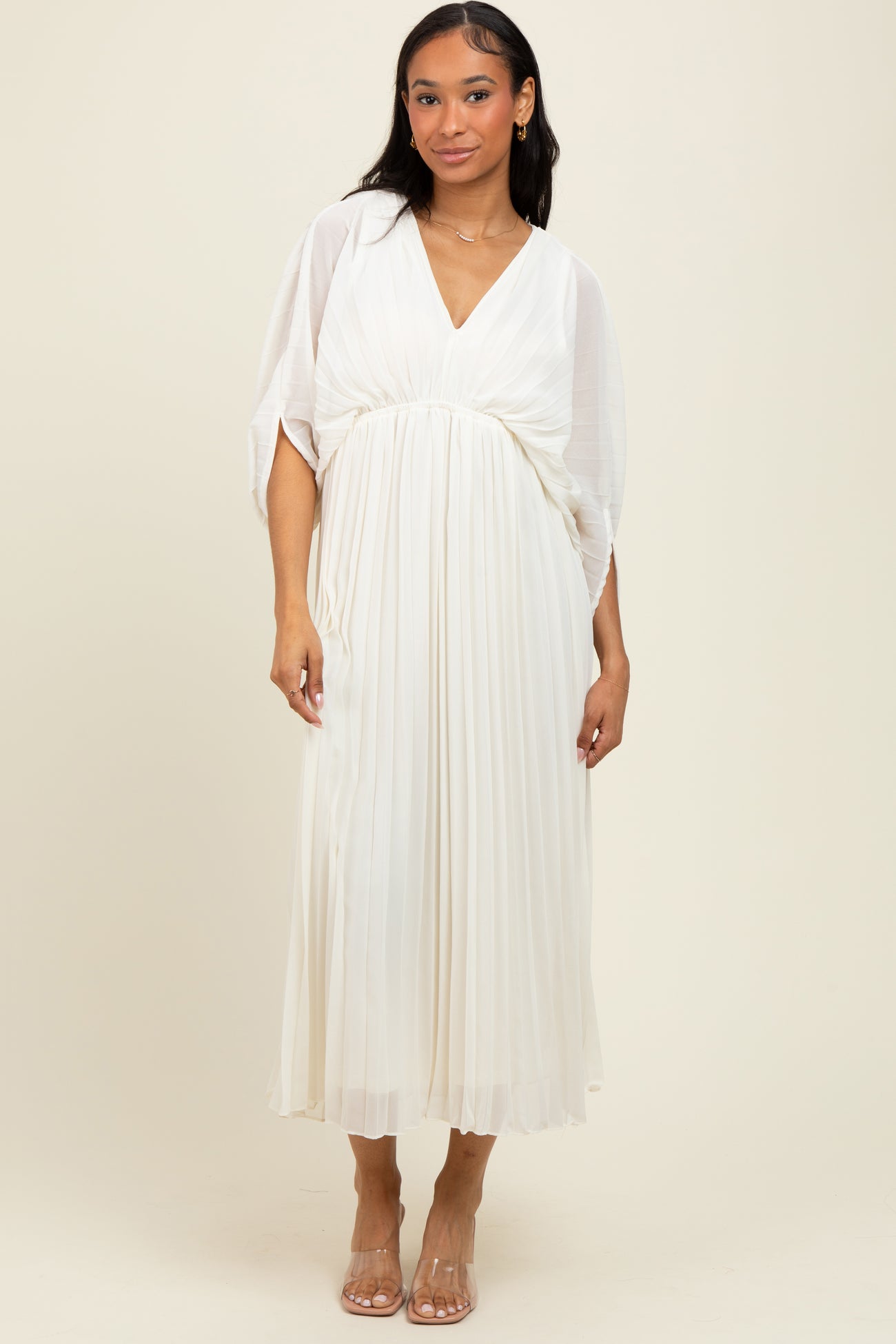 Cream Pleated V Neck Maternity Maxi Dress