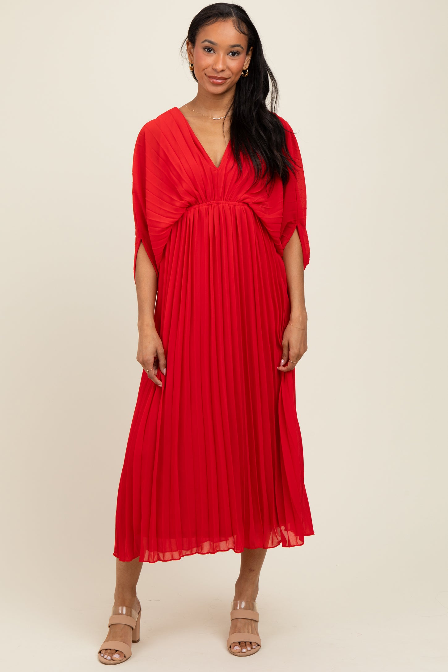 Red Pleated V Neck Maternity Maxi Dress