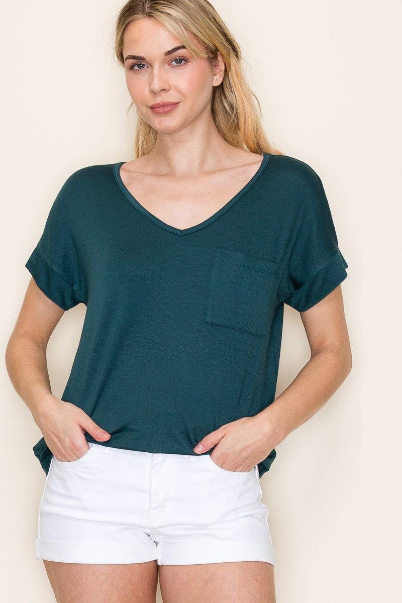 Forest Green V-Neck Front Pocket Short Sleeve T-Shirt