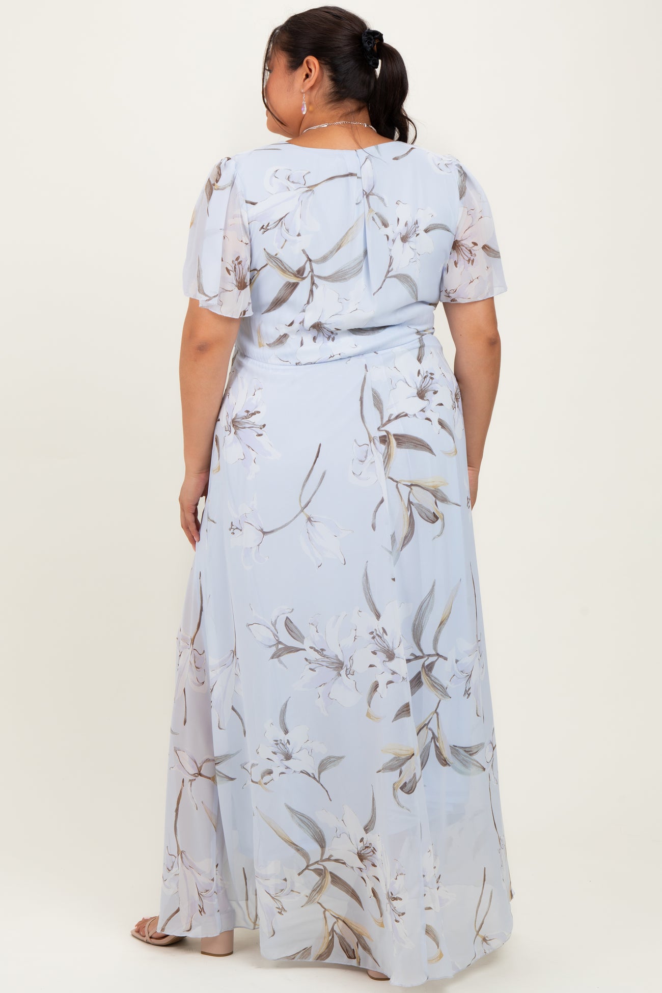 Light Blue Floral Chiffon Sash Tie Plus Maxi Dress