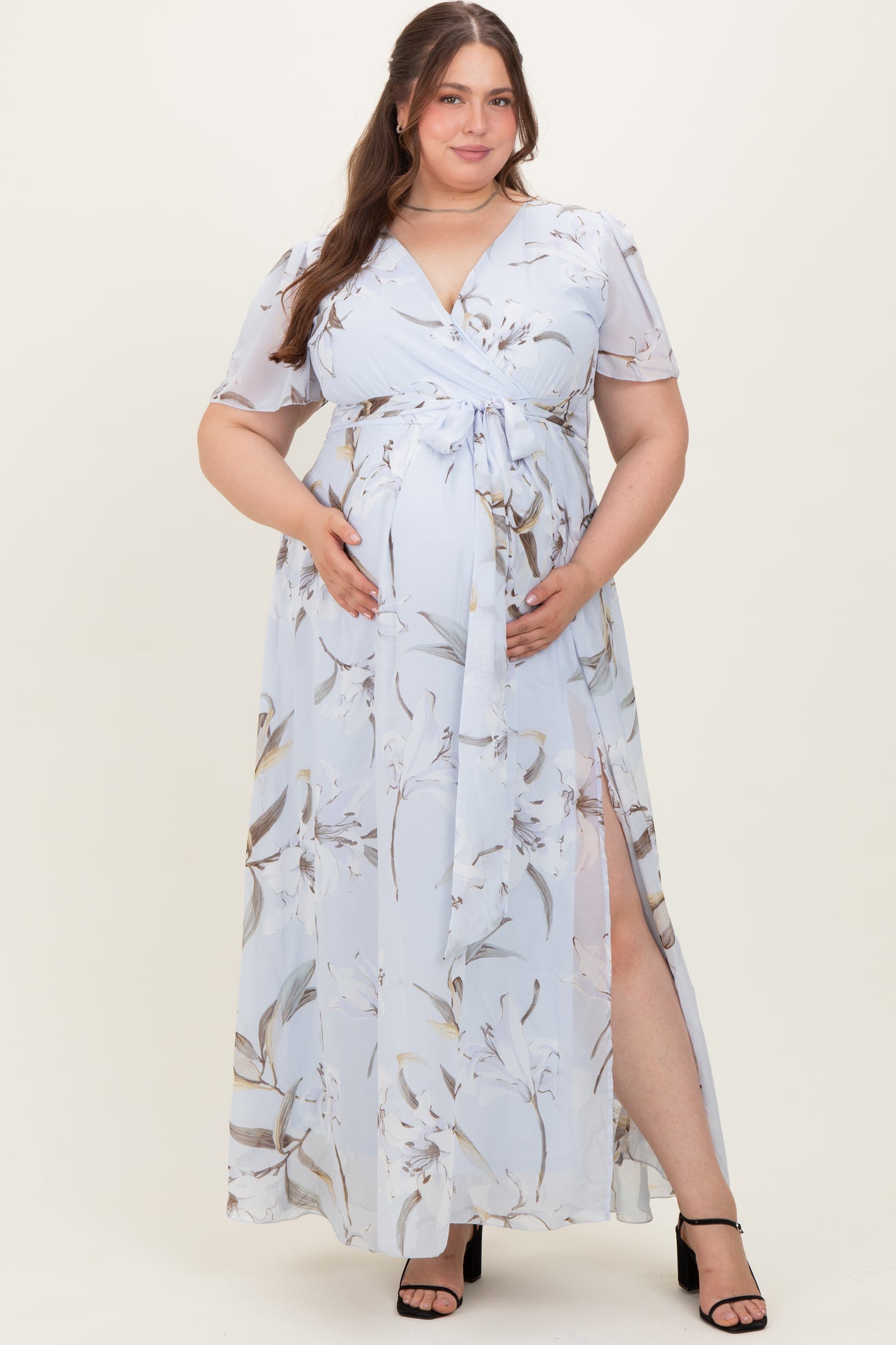 Light Blue Floral Chiffon Sash Tie Maternity Plus Maxi Dress