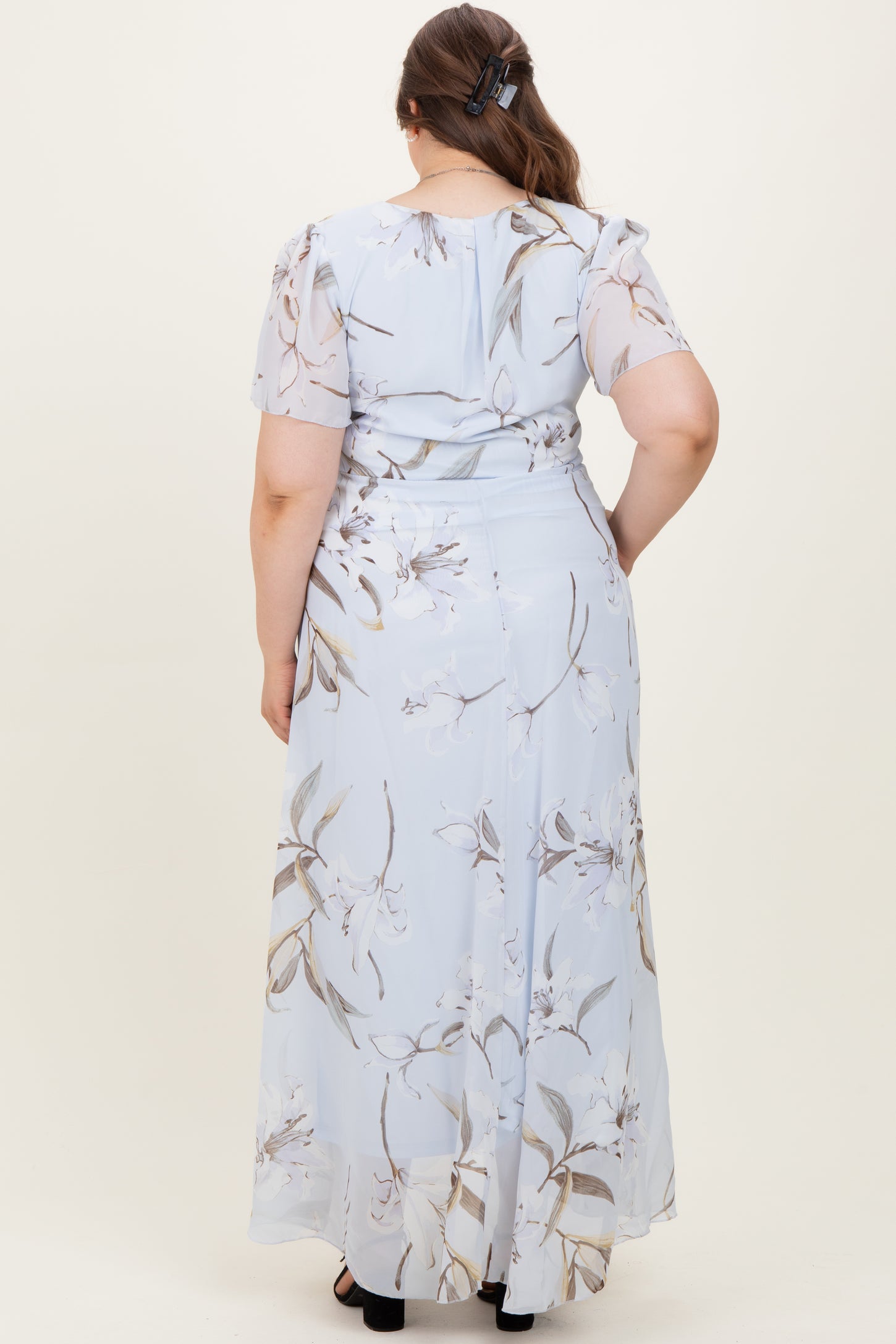 Light Blue Floral Chiffon Sash Tie Maternity Plus Maxi Dress