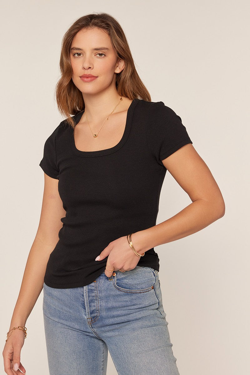 Black Ribbed Square Neck T-Shirt