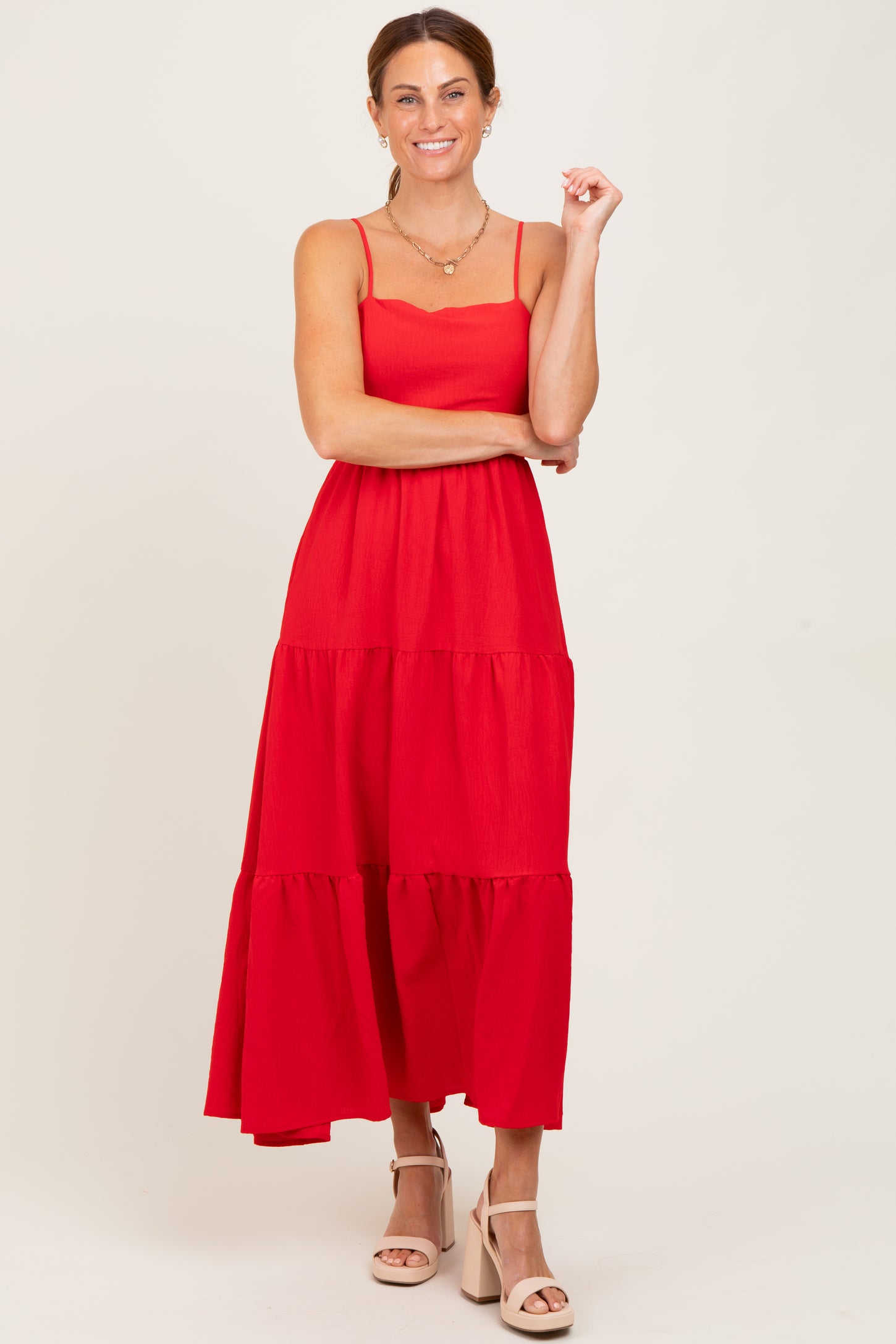 Red Tiered Cutout Tie Back Maternity Midi Dress