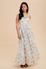 woman wearing a floral print maxi dress with a sweetheart neckline and thin straps